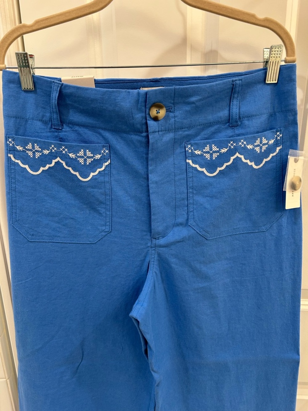 Anthropologie Colette Blue Linen Lace Trim Full Length Wide Leg Pants Maeve 30 - Picture 3 of 12
